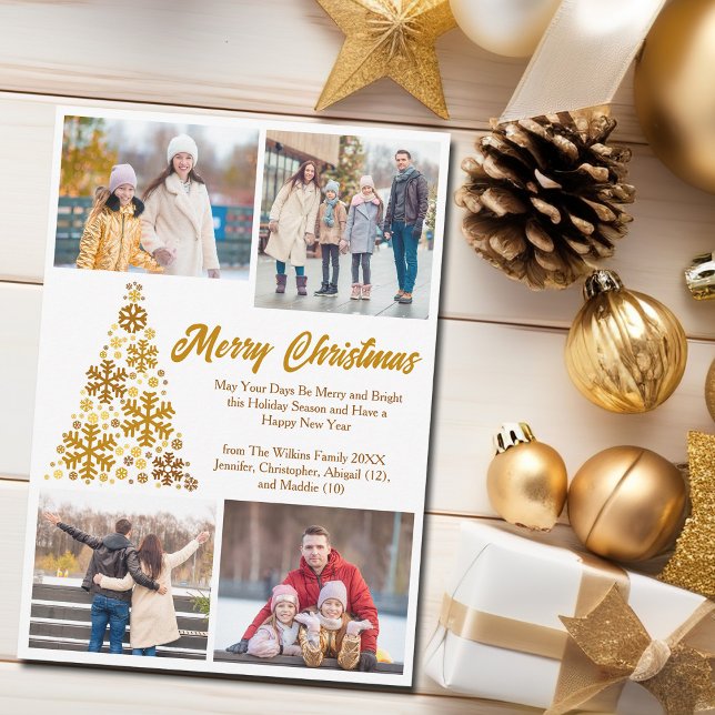 Cartes Pour Fêtes Annuelles Chic Gold Christmas Tree Family Photo Collage (Créateur téléchargé)
