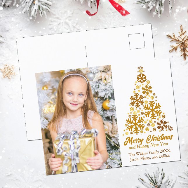 Cartes Pour Fêtes Annuelles Chic Gold Snowflakes Christmas Tree Family Photo (Créateur téléchargé)