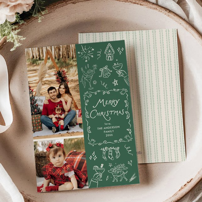 Cartes Pour Fêtes Annuelles Chic Green Hand Drawing Icons Joyeux Noël Photo (Créateur téléchargé)