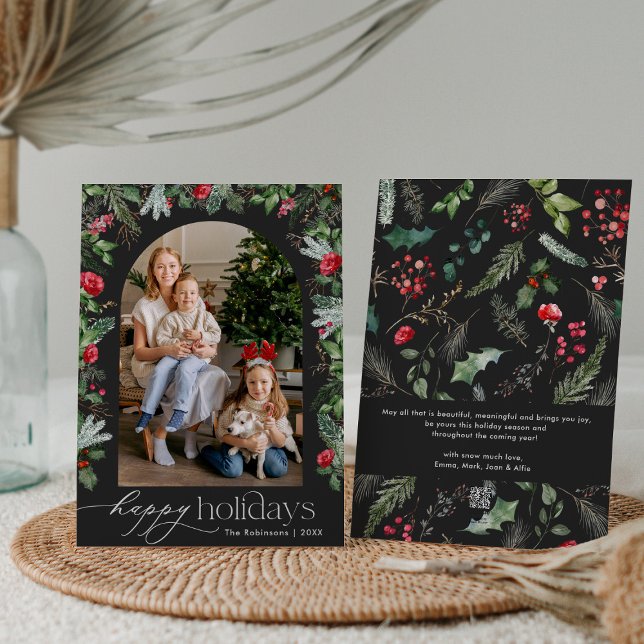 Cartes Pour Fêtes Annuelles Chic Gris Foncé Joyeuses Fêtes Arche Botanique Pho (Créateur téléchargé)
