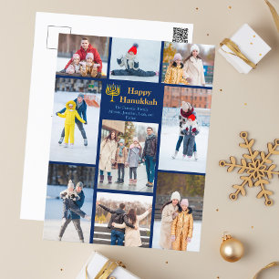 Cartes Pour Fêtes Annuelles Chic Happy Hanoukka Family Photo Collage Blue Gold