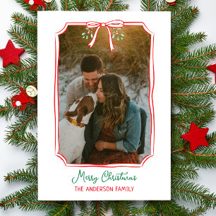 Cartes Pour Fêtes Annuelles Chic Mistletoe & Bow Photo de famille personnalisé