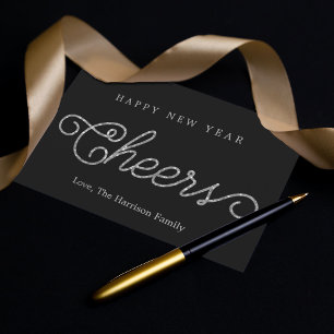 Cartes Pour Fêtes Annuelles Chic Parties scintillant Noir & Argent Cheers Bonn