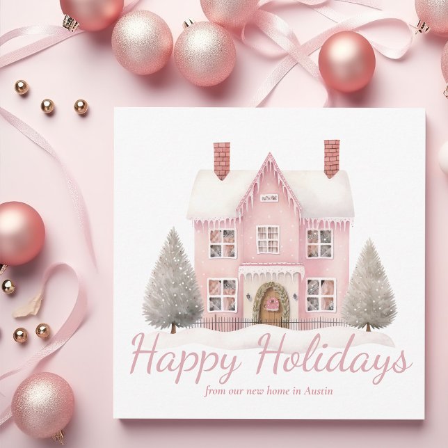 Cartes Pour Fêtes Annuelles Chic Pink Maison de Noël tendance Nouvelle adresse (Créateur téléchargé)