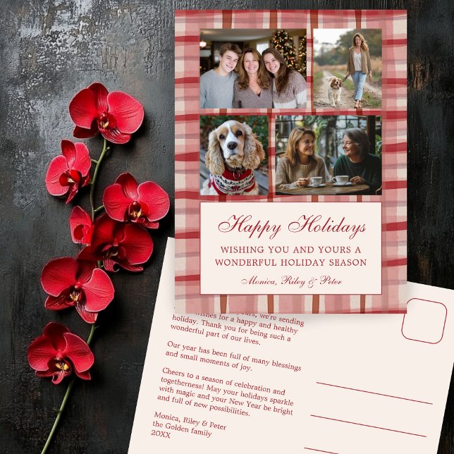 Cartes Pour Fêtes Annuelles Chic Plaid Christmas Custom 4 Photo Collage Rouge (Chic Preppy Watercolor Plaid Christmas Custom 4 Photo Collage Red Holiday Postcard
)