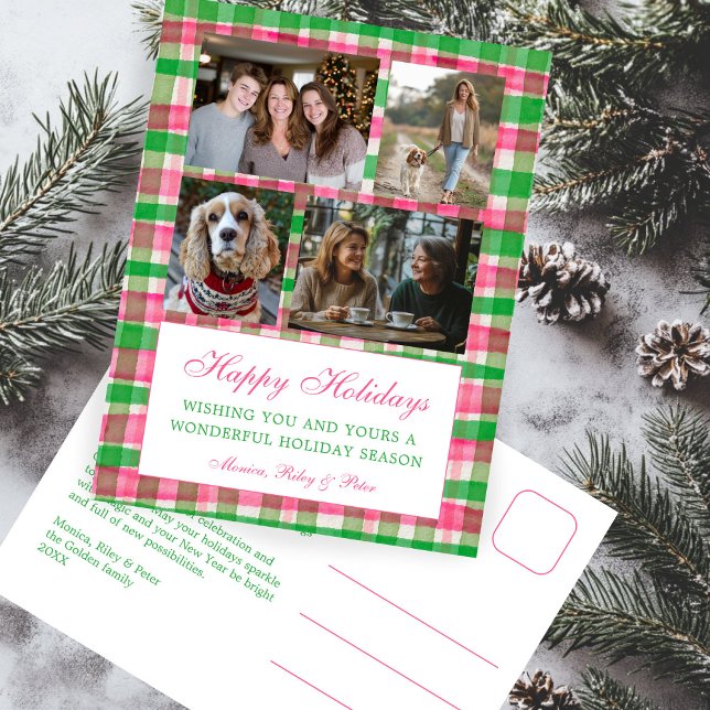 Cartes Pour Fêtes Annuelles Chic Preppy Plaid Christmas Custom 4 Photo Collage (Chic Preppy Plaid Christmas Custom 4 Photo Collage Holiday Postcard
)