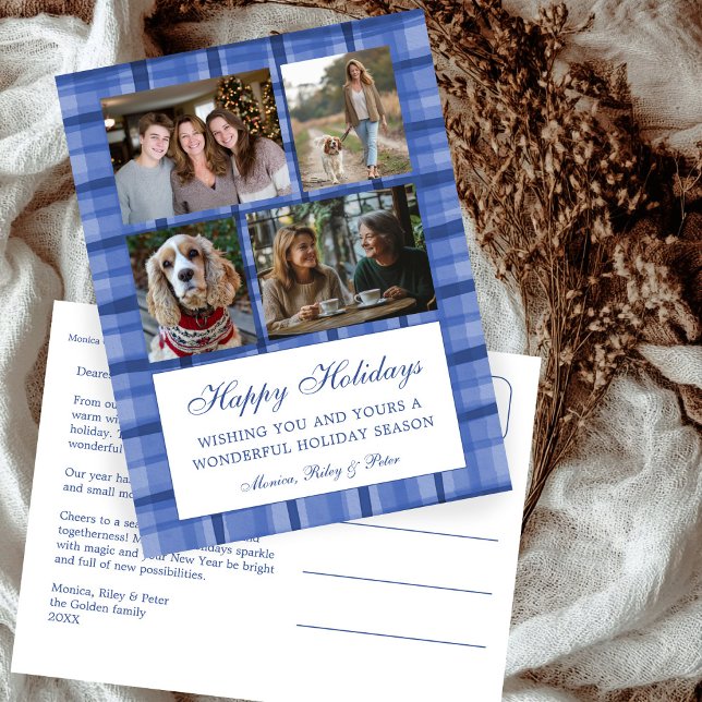 Cartes Pour Fêtes Annuelles Chic Preppy Plaid Hanoukka Custom 4 Photo Collage (Chic Elegant Preppy Plaid Blue Hanukkah Custom 4 Photo Collage Holiday Postcard
)