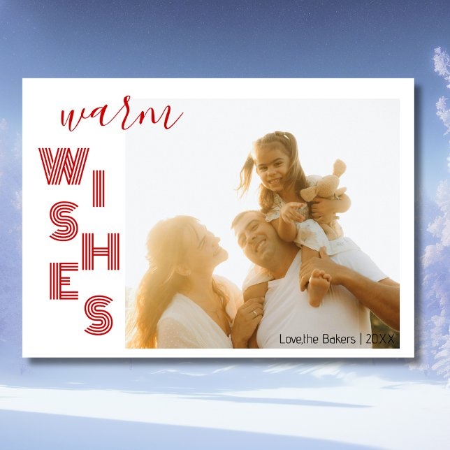 Cartes Pour Fêtes Annuelles Chic Red Warm Wishes Two Beach Family Photo  (Créateur téléchargé)