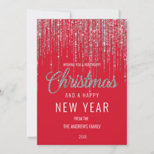 Cartes Pour Fêtes Annuelles Chic Rouge Parties scintillant Argent rideau frang