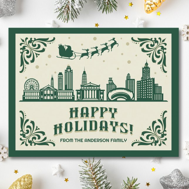 Cartes Pour Fêtes Annuelles Chicago, IL Skyline Joyeuses Fêtes (Happy Holidays Chicago, IL skyline cityscape christmas postcard customizable real estate Santa )