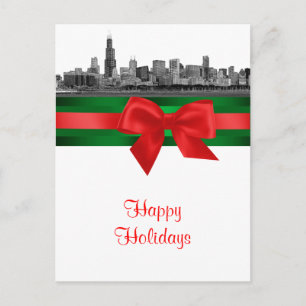 Cartes Pour Fêtes Annuelles Chicago Skyline Etched BW Noël Holiday 2