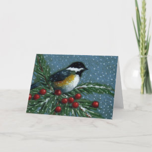 CARTES POUR FÊTES ANNUELLES CHICKADEE SUR LA BRANCHE DE NEIGE