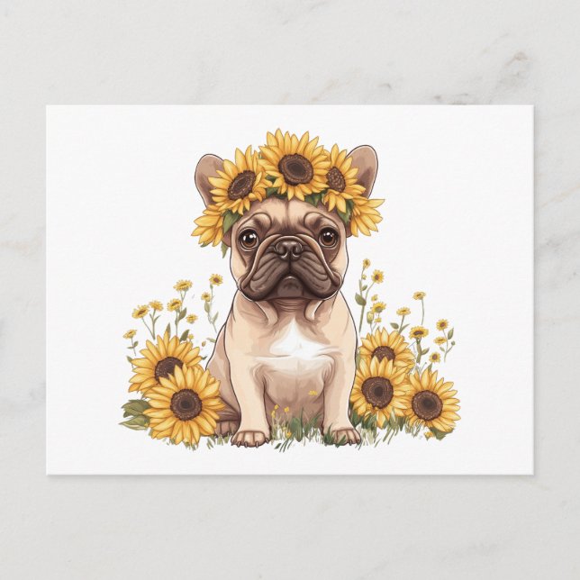 Cartes Pour Fêtes Annuelles Chien À Balle Français Entouré De Tournesols (Devant)