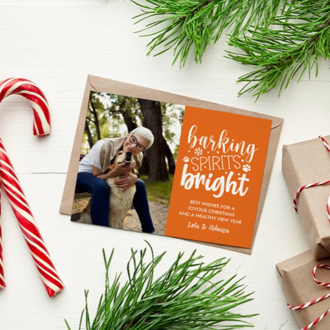 CARTES POUR FÊTES ANNUELLES CHIEN BARRÉ ESPRIT BRIGHT ANGE ANGRE NOËL (ORANGE WHITE FALL DOG CHRISTMAS ELEGANT POSTCARD WITH FROM THE DOG ADD YOU PICTURE OF FURRY DOG)