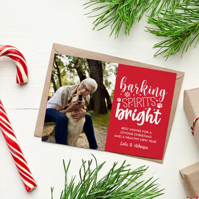 CARTES POUR FÊTES ANNUELLES CHIEN BARRE ESPRIT BRIGHT PET ROUGE NOËL (DOG LOVER CHRISTMAS POSTCARD BARKING SPIRITS BRIGHT VERTICAL PHOTO TEMPLATE EASY TO CUSTOMIZE CHEAP)