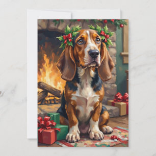 Cartes Pour Fêtes Annuelles Chien Basset Hound attachant avec couronne de Noël