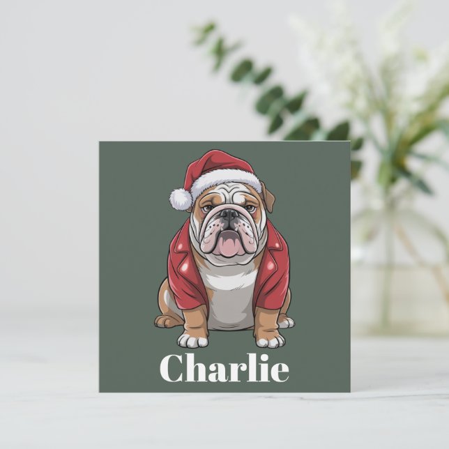 Cartes Pour Fêtes Annuelles Chien Bouledogue Anglais Noël Nom Personnalisé  (Debout devant)
