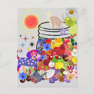 Cartes Pour Fêtes Annuelles chien, chat, fruits et fleurs