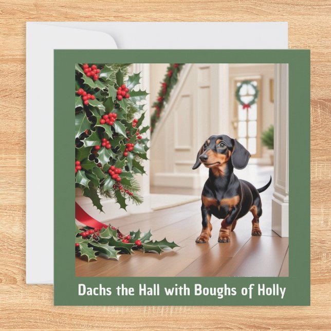Cartes Pour Fêtes Annuelles Chien Dachshund Animal Humour Noël Drôle (A Christmas card with a picture of a cute dachshund and holly, with funny caption)