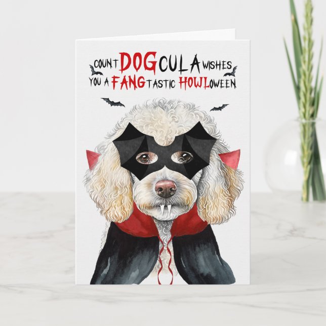 Cartes Pour Fêtes Annuelles Chien de caniche blanc Drôle compte DOGcula Hallow (Devant)