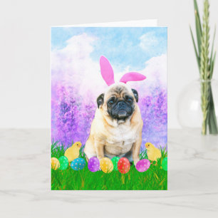 Cartes Pour Fêtes Annuelles Chien de carlin avec des poussins de lapin d'oeufs