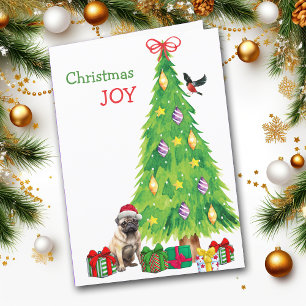 Cartes Pour Fêtes Annuelles Chien de carlin, Oiseau et Arbre de Noël