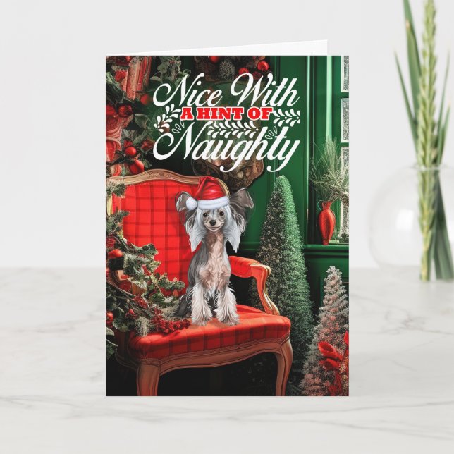 Cartes Pour Fêtes Annuelles Chien de Noël Crested Chinois Mauvais ou Mignon (Devant)