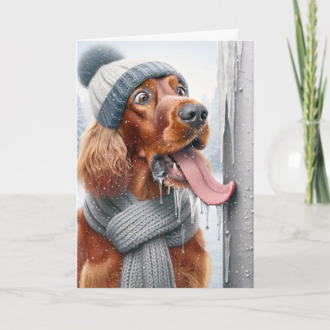 Cartes Pour Fêtes Annuelles Chien De Noël Irlandais Tirant Un Pole Froissé (Devant)