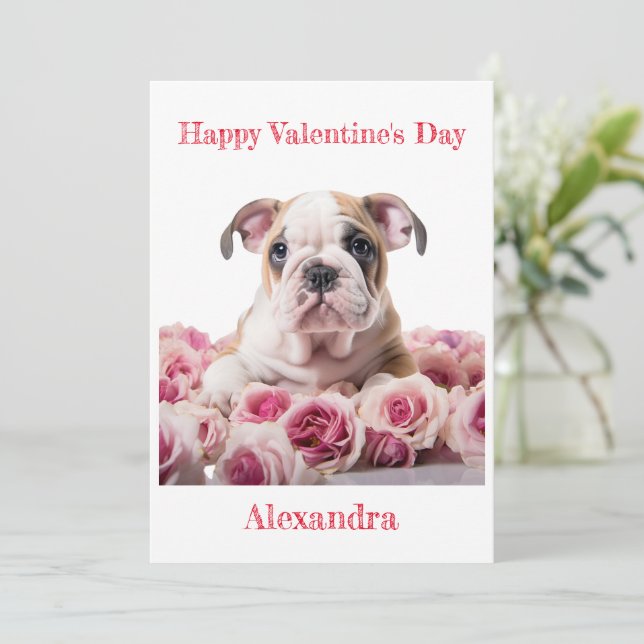 Cartes Pour Fêtes Annuelles Chien de taureau personnalisé avec roses roses ros (Debout devant)