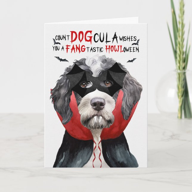 Cartes Pour Fêtes Annuelles Chien d'eau portugais Drôle nombre DOGcula Hallowe (Devant)