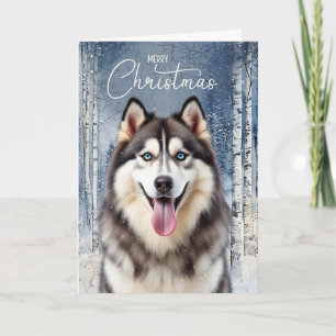 Cartes Pour Fêtes Annuelles Chien Husky Forêt enneigée d'hiver Noël
