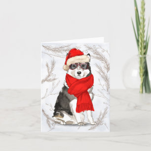 Cartes Pour Fêtes Annuelles Chien malamué de Noël et pins botaniques