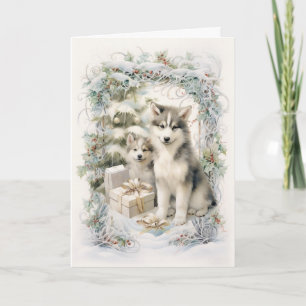 Cartes Pour Fêtes Annuelles Chien Malamute d'Alaska Victorien de Noël