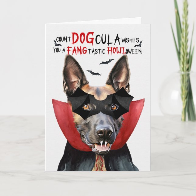 Cartes Pour Fêtes Annuelles Chien Malinois Belge Drôle Comte DOGcula Halloween (Devant)