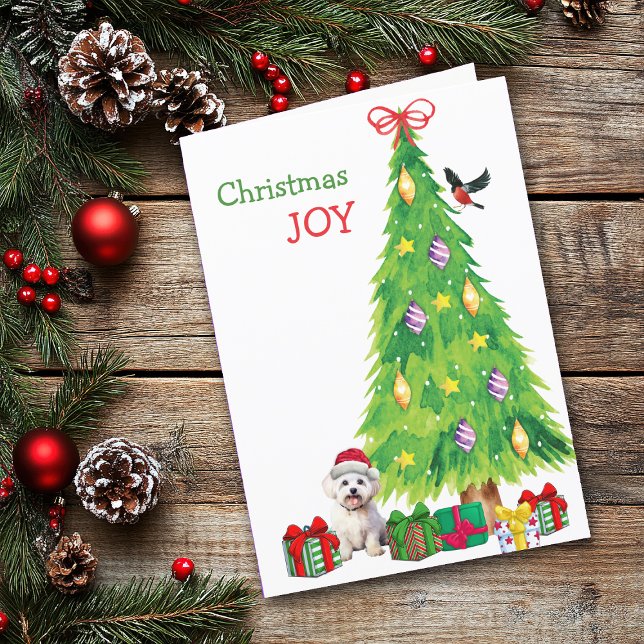 Cartes Pour Fêtes Annuelles Chien maltais, oiseaux et sapin de Noël (Créateur téléchargé)