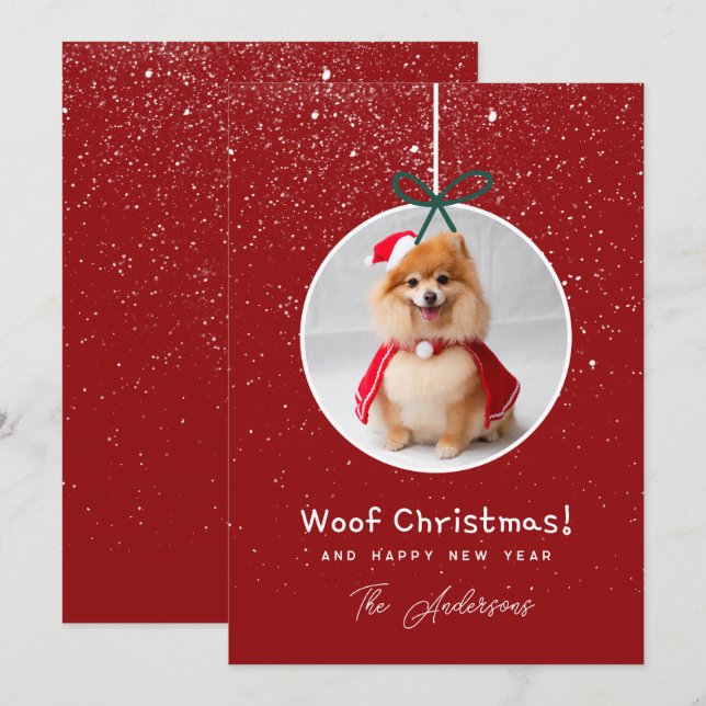 Cartes Pour Fêtes Annuelles Chien photo Neige Red Woof Christmas (Devant / Derrière)