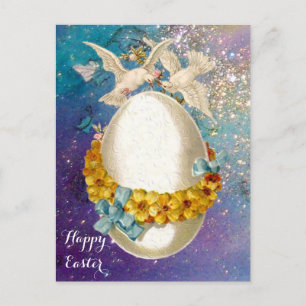 CARTES POUR FÊTES ANNUELLES CHIENS BLANCS, OEUFS DE PÂQUES, FLEURS JAUNES, BOI