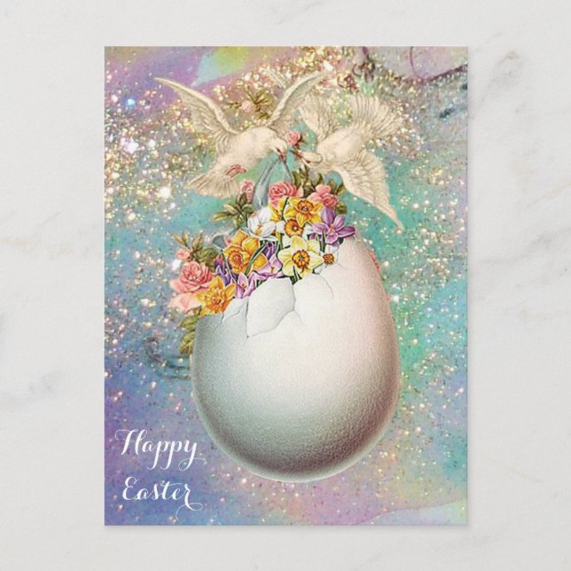 CARTES POUR FÊTES ANNUELLES CHIENS BLANCS, OEUFS DE PÂQUES, FLEURS JAUNES ROSE (Devant)