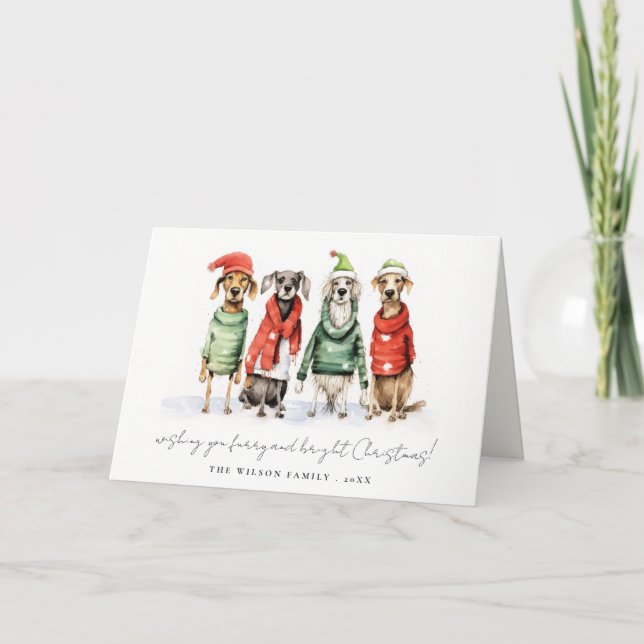 Cartes Pour Fêtes Annuelles Chiens d'hiver mignons Sweater Furry & Bright Chri (Devant)