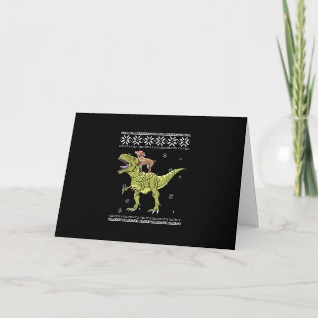 Cartes Pour Fêtes Annuelles chihuahua montant un dinosaure guirlande de Noël (Devant)