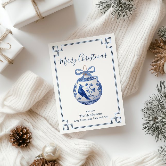 Cartes Pour Fêtes Annuelles Chinoiserie Bleu ornement avec Bow (Chinoiserie Christmas Ornament card)