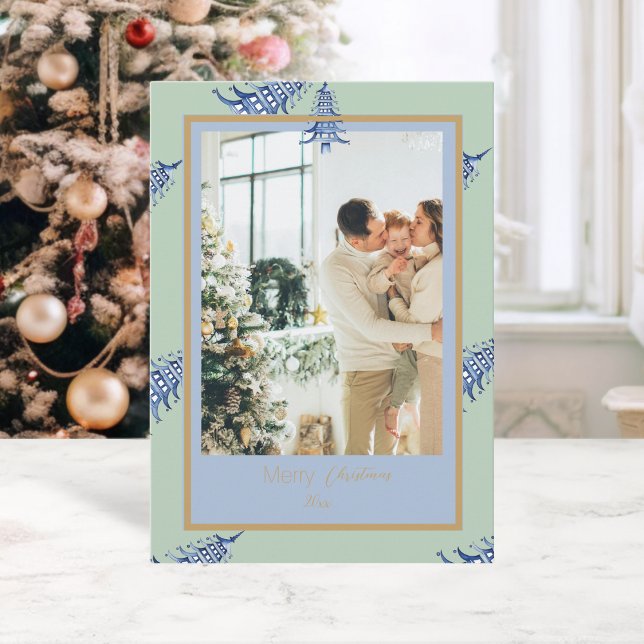 Cartes Pour Fêtes Annuelles Chinoiserie Christmas Blue Sage Pagode 2Photo (Chinoiserie Christmas Blue Sage Pagoda 2Photo Holiday Card)