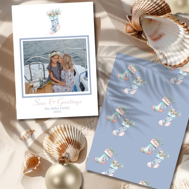 Cartes Pour Fêtes Annuelles Chinoiserie Coquillage de Noël photo (Chinoiserie Seashell Christmas Stocking Photo Holiday Card-front and back)