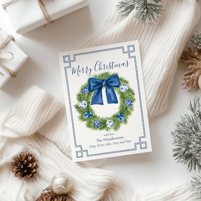 Cartes Pour Fêtes Annuelles Chinoiserie Couronne bleue et blanche (chinoiserie wreath christmas greeting card
)