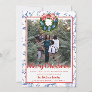 Cartes Pour Fêtes Annuelles Chinoiserie Wreath, Bleu & Blanc Grandmillenium