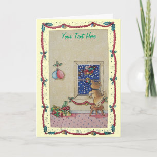 Cartes Pour Fêtes Annuelles chiot brun observant le traîneau de Santa à Noël
