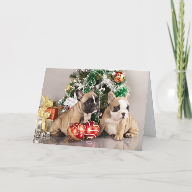 Cartes Pour Fêtes Annuelles Chiot de bouledogue français et cadeaux de Noël (Devant)
