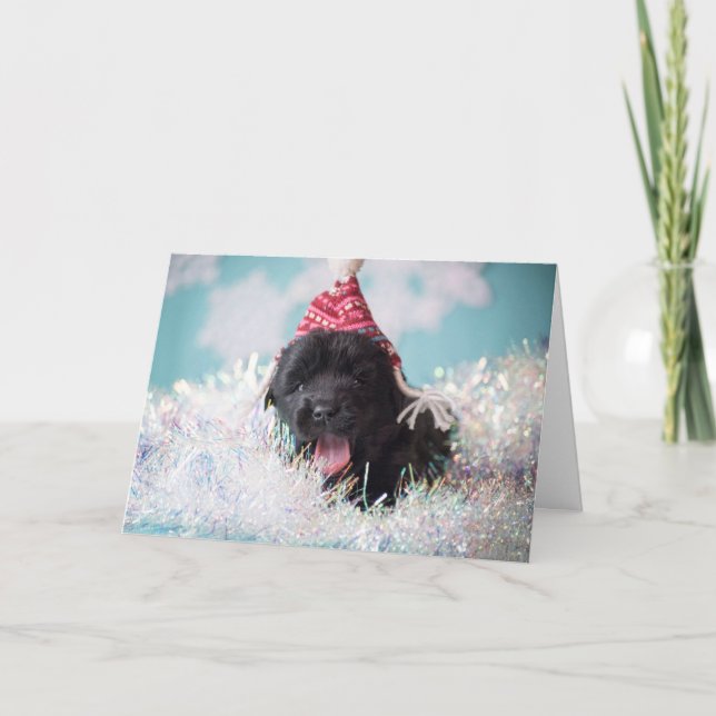 Cartes Pour Fêtes Annuelles Chiot de Newfie de Joyeuses Fêtes (Devant)