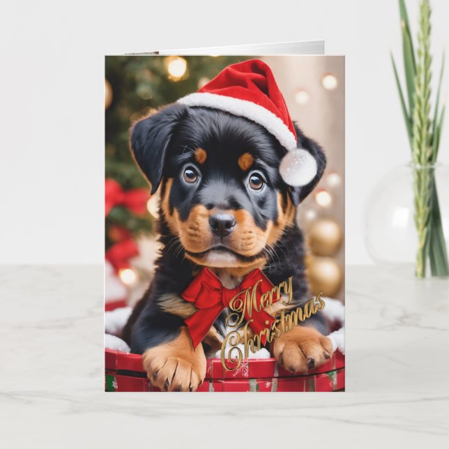 Cartes Pour Fêtes Annuelles Chiot de Noël Rottweiler dans un panier (Devant)