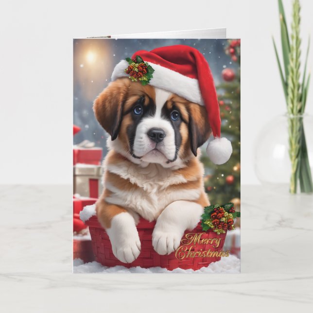 Cartes Pour Fêtes Annuelles Chiot St. Bernard de Noël dans un panier (Devant)